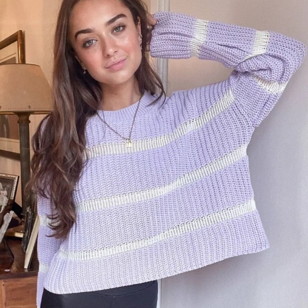 ASOS Striped Sweater Purple White Chunky Knit Small Cozy Crop Long Sleeve Casual